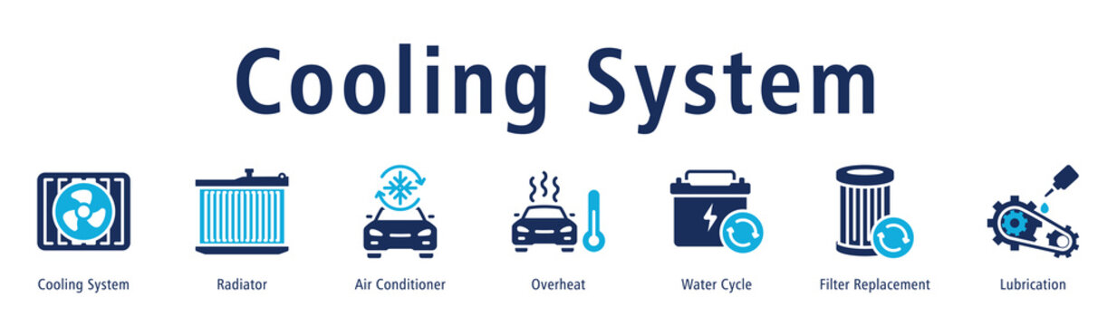 Cooling System web banner icon vector illustration with icons of Cooling System, Radiator, Air Conditioner, Overheat, Water Cycle, Filter Replacement and Lubrication.