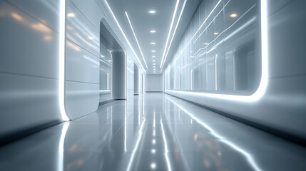 Obraz premium Futuristic interior design of a sleek, modern corridor with neon lights and shiny floor, evoking a sense of advanced technology and innovation.