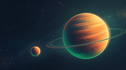 Ringed planet with moon in starry cosmos