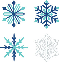Set of four assorted geometric and decorative snowflake icons in blue and teal shades vector illustration.