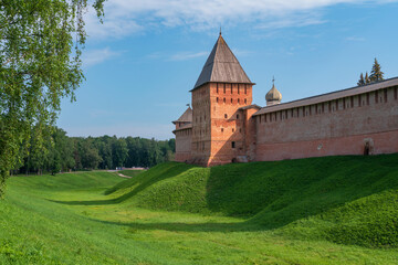Naklejka premium Pokrovskaya Tower of the Novgorod Kremlin (Novgorodsky Detinets) on a sunny summer day, Veliky Novgorod, Russia