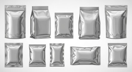 Assortment of Shiny Silver Packaging Options for Various Product Sizes and Types Display
