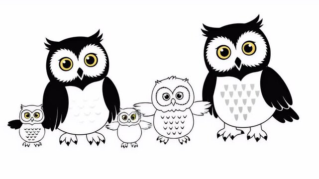 Five Cute Owl Family Black White With Yellow Eyes Standing Isolated White Background