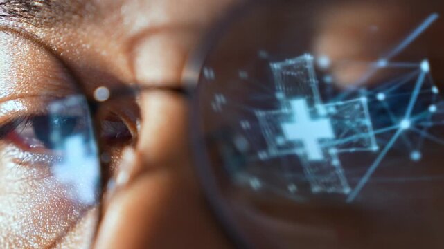 A person wearing glasses uses a laptop, with a digital medical cross reflected representing health insurance, telemedicine, digital healthcare, innovation, and medical technology.

