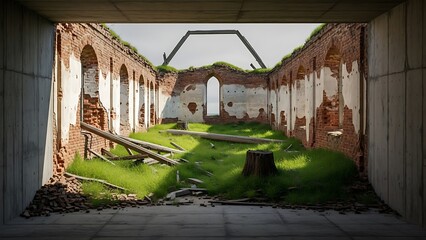 Empty square room with Destroyed brick church. Green grass inside.
