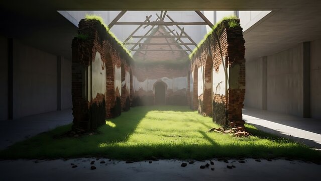 Empty square room with Destroyed brick church. Green grass inside. - Powered by Adobe
