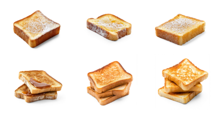 Collection of toast with jam and a sprinkle of powdered sugar for extra sweetness. full length isolate on transparent background
