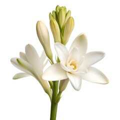 Fototapeta premium Tuberose Fragrant White Blossoms Unfolding in Lush Layers of Silky Petals Evoking Timeless Romance, Pure Freshness, and Botanical Grace on a Pristine White Background with Minimal Elegance