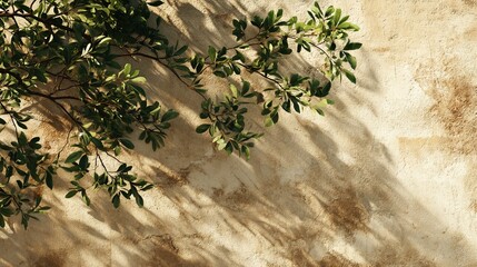 Serene natural background with lush greenery on beige stone wall