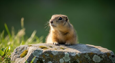 Attentive ground squirrel perched on a moss-covered stone in a serene natural landscape