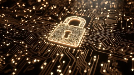 Glowing golden padlock on circuit board with bright lights