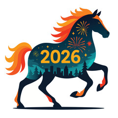 2026 New Year Horse Illustration with Fire Design on White Background