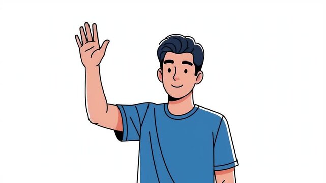 Friendly Young Man In Blue T-Shirt Waving Hello On White Background Animation
