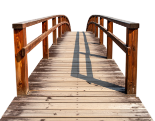 Wooden arched bridge stretches forward, cast in sunlight, against a dark void