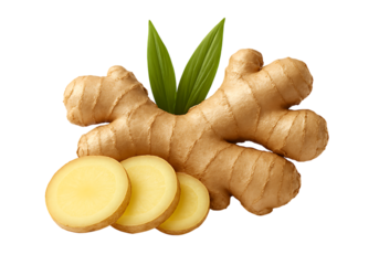 Fresh Ginger Root with Slices and Green Leaves Isolated on White Background