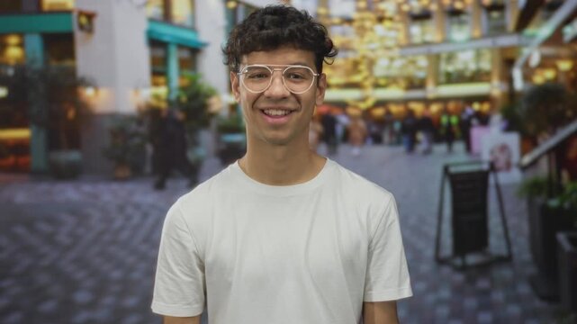 Man with curly hair and glasses turns his head to the side and smiles on a crowded city street, wearing a white t shirt; happiness.