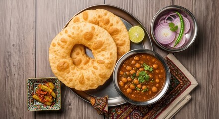 Authentic Indian Cuisine: Chole Bhature Meal Plating on Rustic Wooden Table