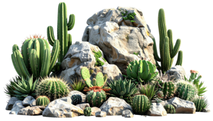 Arrangement of cacti, succulents, and rocks in a natural setting