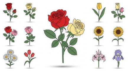 Artistic floral botanical collection showcasing diverse blossoms and elegant arrangements on pure