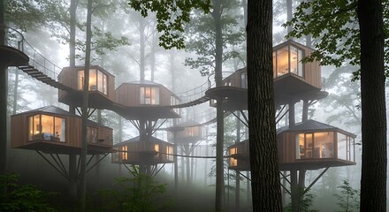 Modern eco-friendly treehouse village connected by suspension bridges in a misty forest. Minimalist wooden cabins with glowing windows nestled in a serene, foggy woodland at dusk.