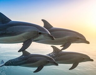 Obraz premium Four dolphins gracefully swimming in the ocean, captured in a stunning underwater photograph.