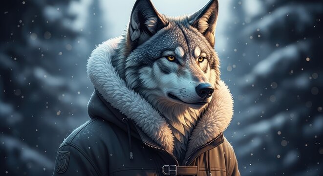 Artistic representation of a wolf with a warm parka in snowy winter landscape scenery
