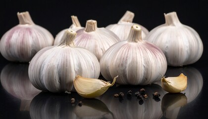 Fresh Garlic Bulbs and Cloves on a Black Reflective Surface.