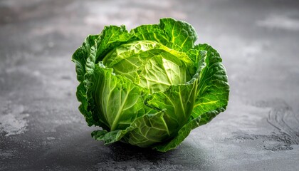 Fresh Green Cabbage Head on a Textured Gray Surface, Close-up View.