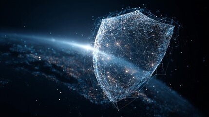 Futuristic shield protecting digital network on dark cosmic background