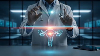 Medical doctor scanning a glowing hologram of the female reproductive system uterus representing futuristic gynecology and women healthcare