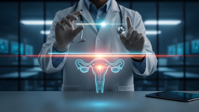 Medical doctor scanning a glowing hologram of the female reproductive system uterus representing futuristic gynecology and women healthcare - Powered by Adobe