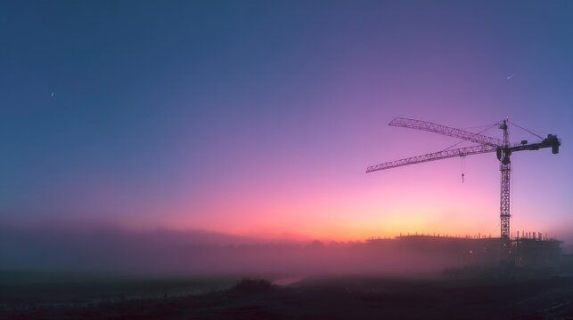 Construction crane sunrise misty landscape