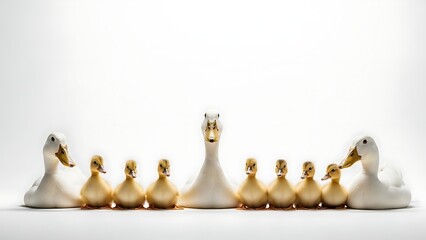 Cute Ducklings Between Adult Ducks Isolated on White