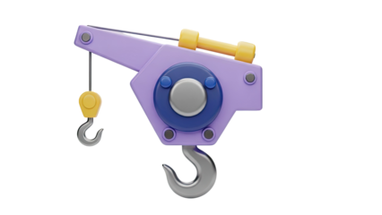 3D Cartoonish mini crane hook with purple and yellow elements on transparent background