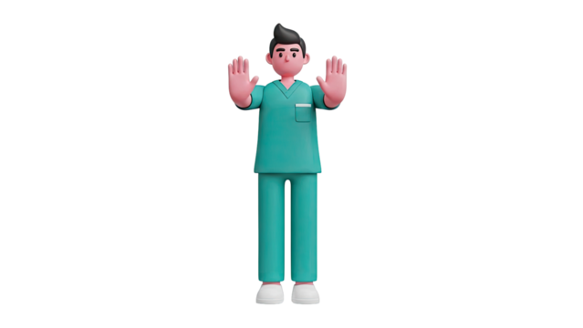 3D Cartoon doctor character with hands raised showing stop sign on transparent background - Powered by Adobe
