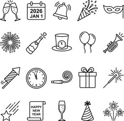 New Year Party Hand Drawn Doodle Icons Collection