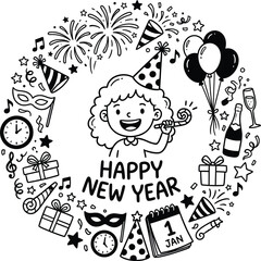 Happy New Year Hand Drawn Typography with Decorative Doodles