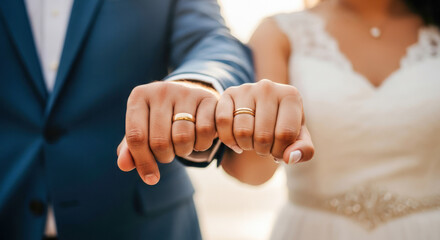 A bride and groom fist bumping in front of a blurred background.