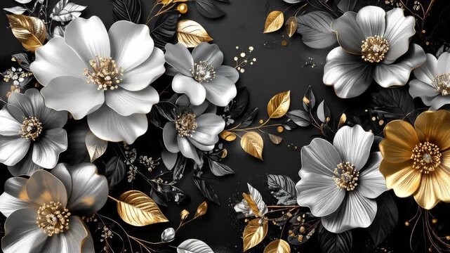 Elegant floral arrangement featuring white and gold flowers with delicate leaves against a dark backdrop.