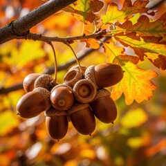 Autumnal bounty of acorns clinging to an oak branch amidst colorful foliage splendor
