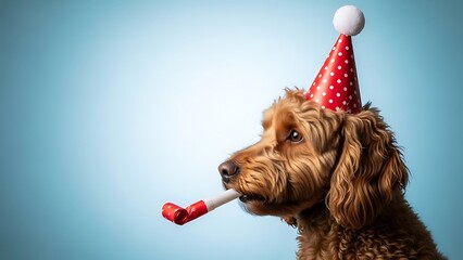 Dog Wearing Birthday Hat with Party Horn on Blue Background