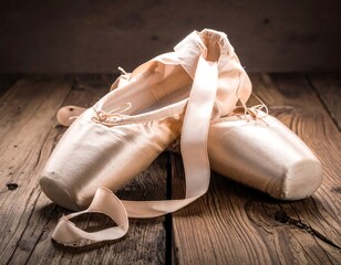Pair of delicate ballet pointe shoes with ribbons on a wooden surface