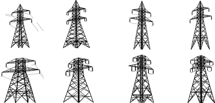 Transmission tower variations, electrical pylon silhouettes, power grid infrastructure, high voltage structures, utility engineering design, black and white illustration