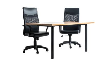 Modern office table with two chairs, shot against black background