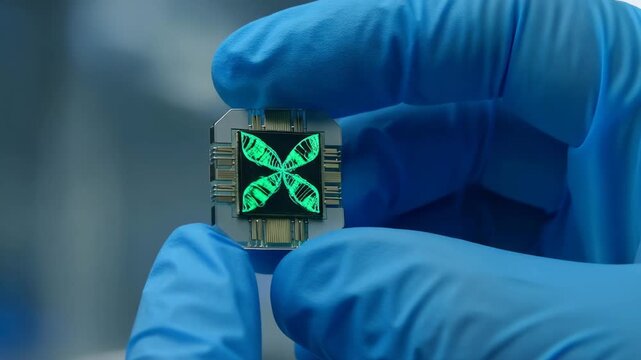 Scientist holds a small electronic chip with a glowing design in a laboratory setting during daylight hours