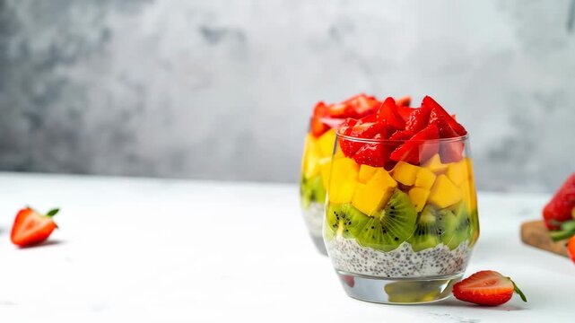 Delicious and colorful layered fruit parfait with kiwi, mango, and strawberries in clear glasses.