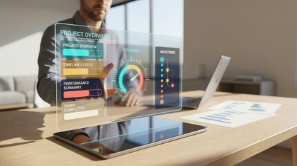 Businessman analyzing project efficiency on digital tablet