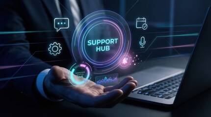 Businessman interacting with futuristic support hub interface on laptop