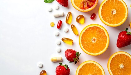 Vibrant Mix of Vitamin Capsules with Fresh Citrus Fruits and Strawberries on Clean White Background