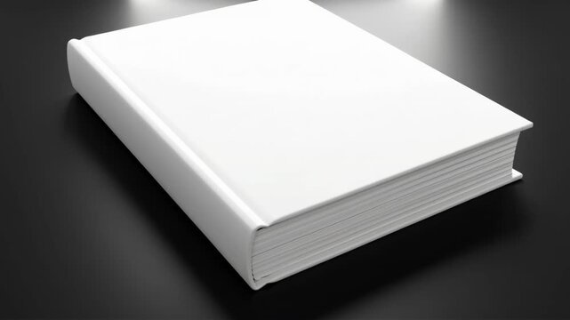 Blank White Hardcover Book on a Dark Reflective Surface with Studio Lighting Overhead